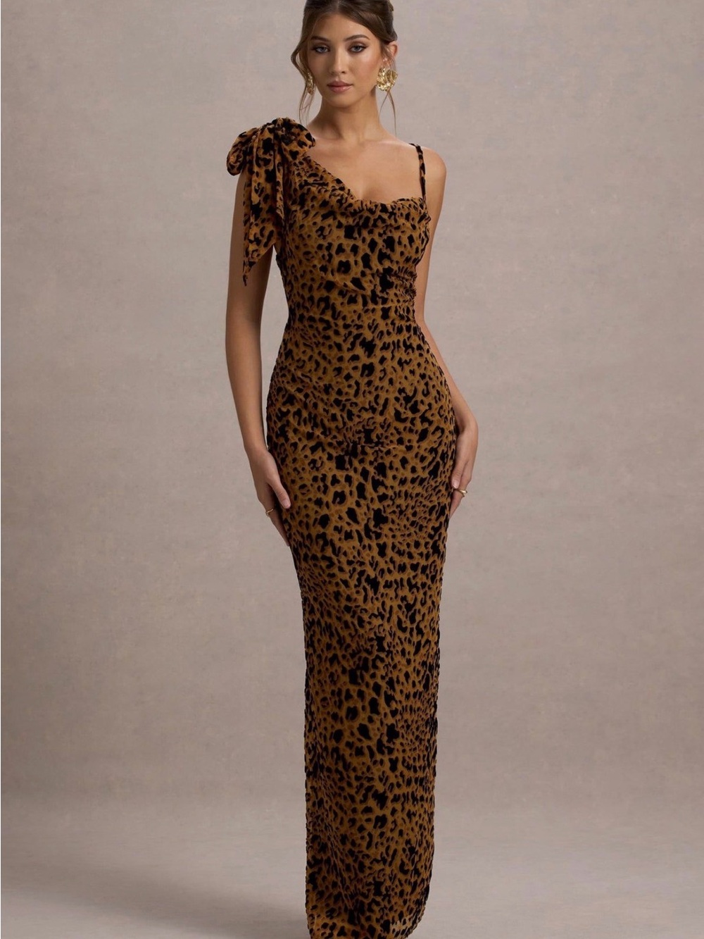 Club L London One-Shoulder Leopard Print Evening Gown - Brown & Black
